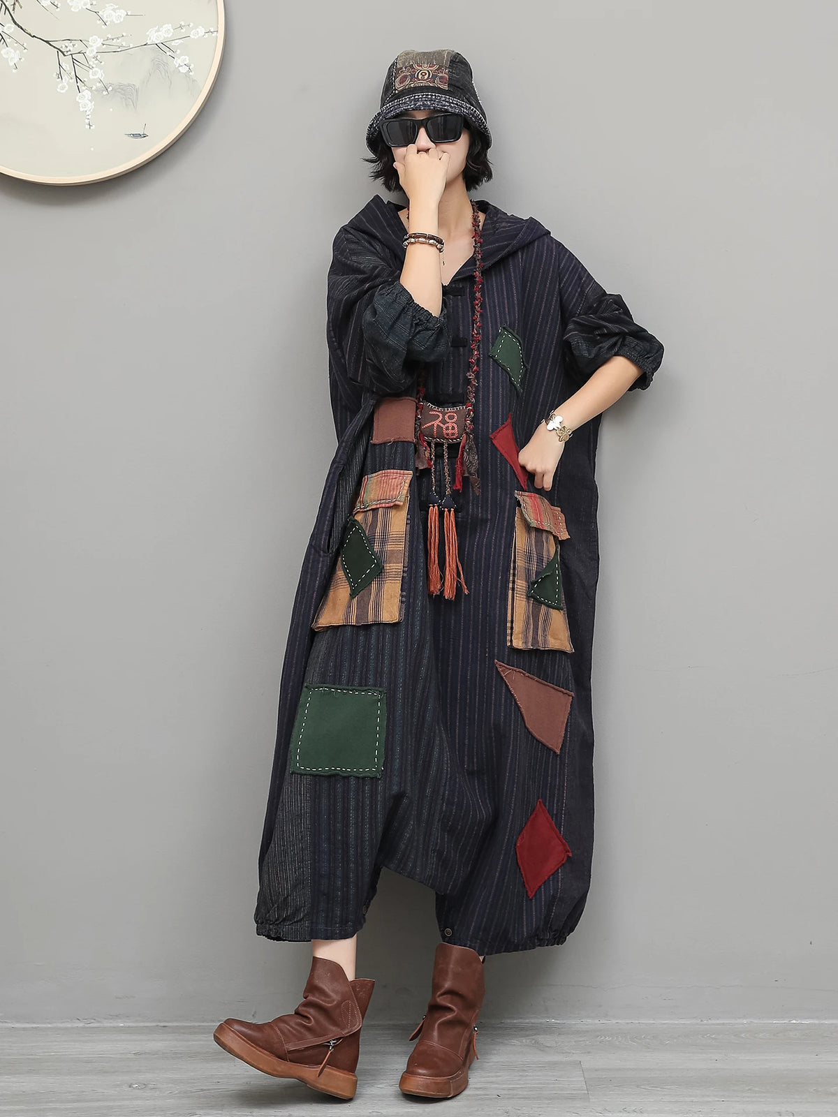 Unique Vintage-style Patchwork Jumpsuit Women Autumn Loose Hooded Long Sleeves Overalls LX6788