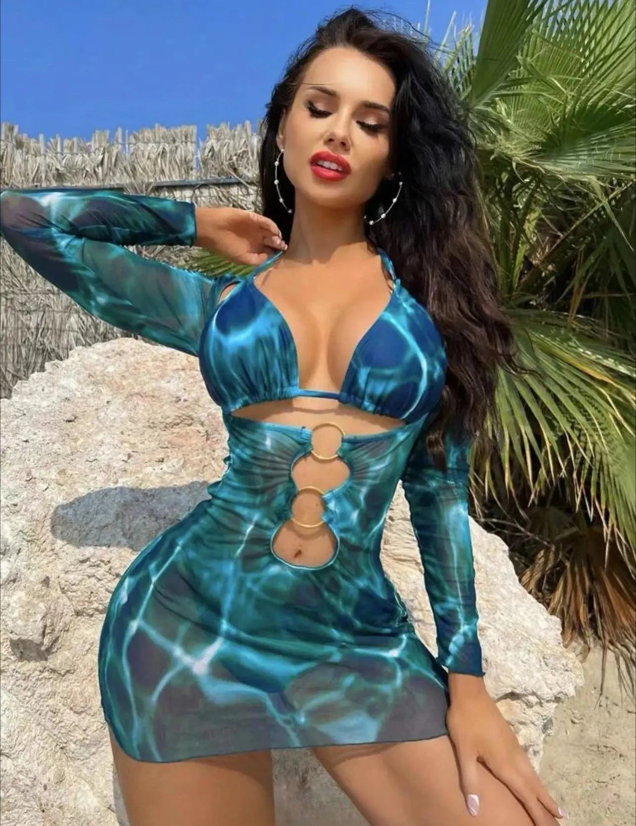 3 Piece Bikini Set Women Swimsuit Halter Cutout Metal Ring Mesh Cover Up Beach Dress Swimwear Bathing Suit