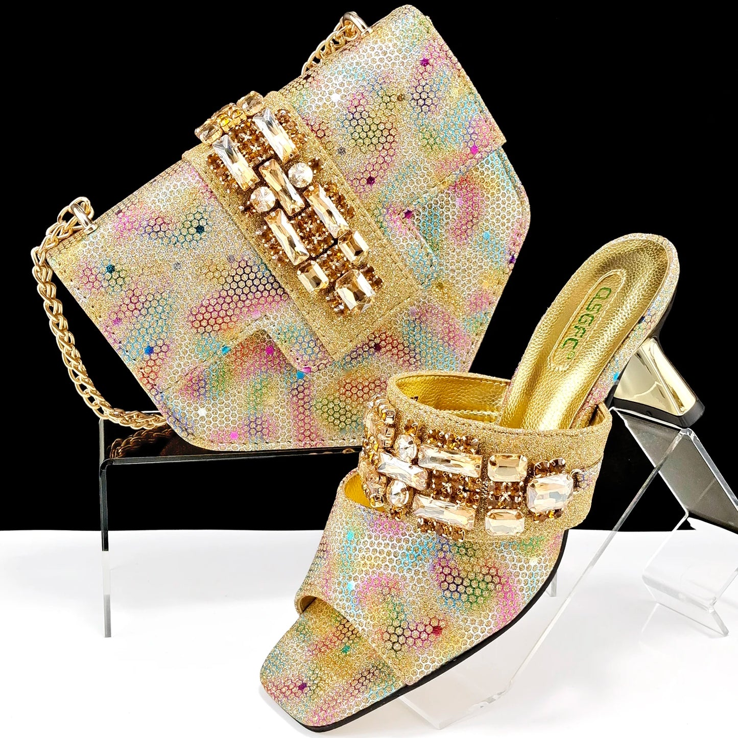 New Arrival Mature Style Colorful Rhinestone Metal Design Strange High Heel Style Peep Toe Shoes and Bag Set for Party Wedding