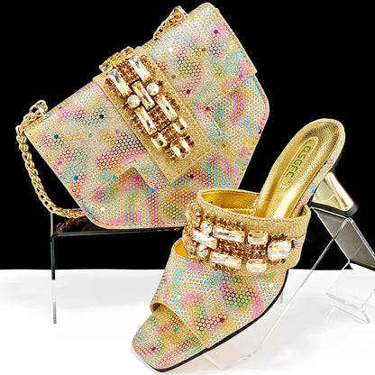 New Arrival Mature Style Colorful Rhinestone Metal Design Strange High Heel Style Peep Toe Shoes and Bag Set for Party Wedding