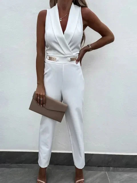 Women Summer Jumpsuit Backless V Neck Solid Zipper Off Shoulder Sleeveless Overalls With Pockets Casual Slim Long Rompers Female