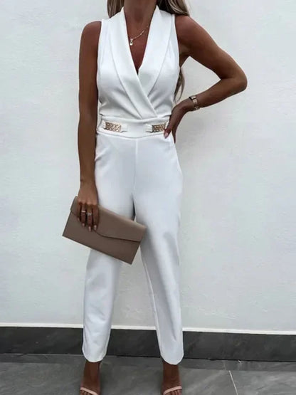 Women Summer Jumpsuit Backless V Neck Solid Zipper Off Shoulder Sleeveless Overalls With Pockets Casual Slim Long Rompers Female