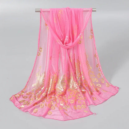 Women Glitter Thin Muffler Solid Color  Elegant Hijab Scarf Chiffon Long Scarves Gold Peacock Print Wrap Shawl Georgette Scarf