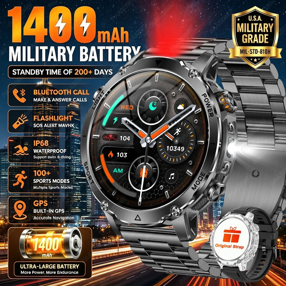 Brand+1400mAh Big Battery Smartwatch Men 1.7" AMOLED 200-Day Standby Swim Diving Waterproof GPS Military Tactical SOS 100 Sports