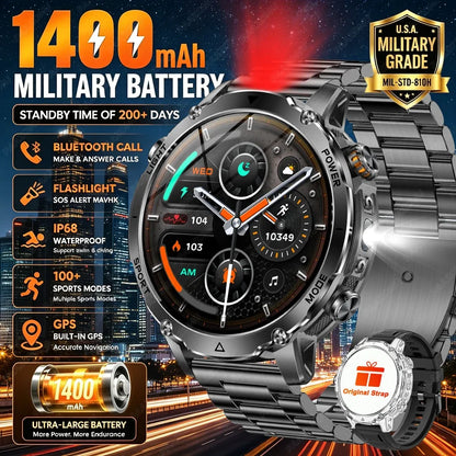 Brand+1400mAh Big Battery Smartwatch Men 1.7" AMOLED 200-Day Standby Swim Diving Waterproof GPS Military Tactical SOS 100 Sports