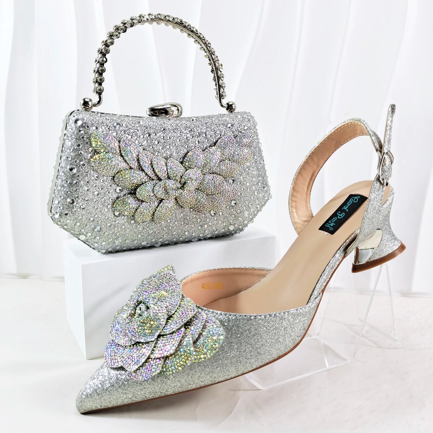 Italian Design Evening Shoes And Bag Paired With Handmade Petal Clutches Pointed Toe Mid-Heel Shoes For Women Party Shoes