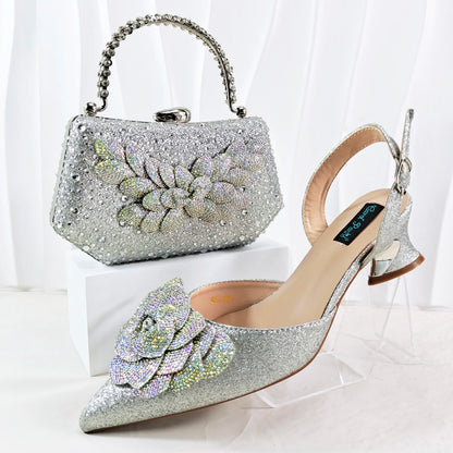 Italian Design Evening Shoes And Bag Paired With Handmade Petal Clutches Pointed Toe Mid-Heel Shoes For Women Party Shoes