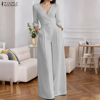 ZANZEA OL Work Party Women Jumpsuits Solid Color Summer 3/4 Sleeve Sevy V Neck Rompers Solid Playsuits Wide Leg Pants Streetwear