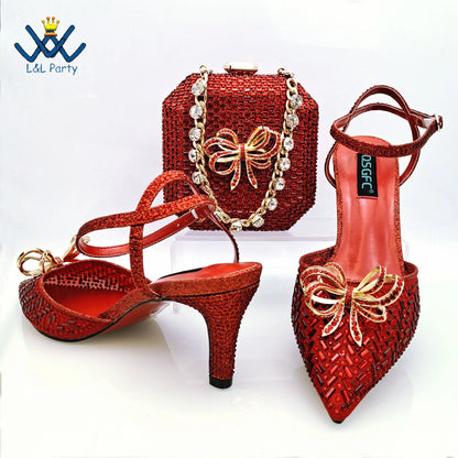 Concise New Design African Italian Women Shoes and Bag Set in Magenta Color High Quality Pumps for Wedding Party