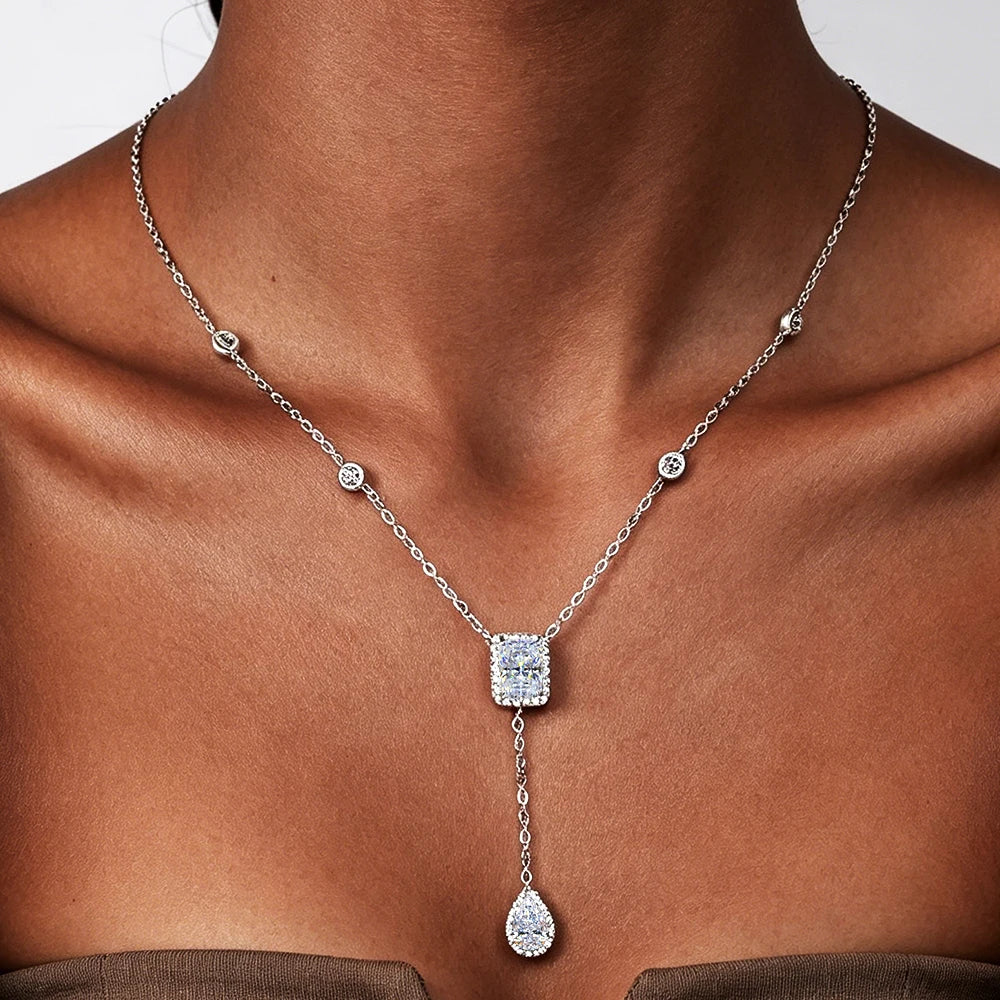 BXINY 3CT Radiant/Emerald Cut Moissanite WaterDrop Pendant Tassel Necklace 100%S925 Silver for Women NeckChain Fine Jewelry Gift