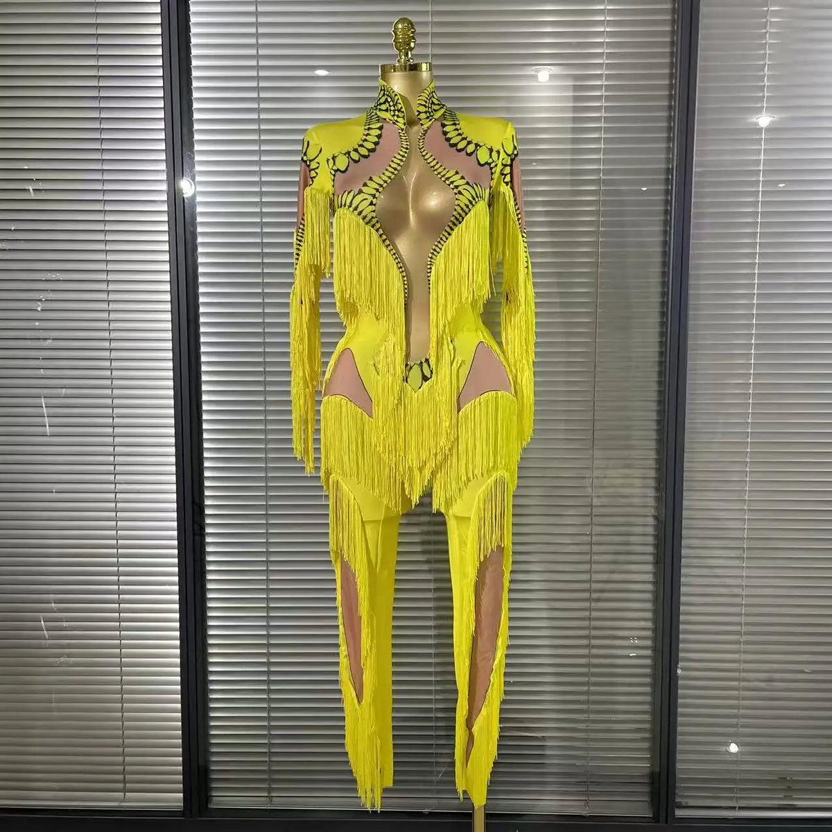 Yellow Tassel Jumpsuit Women Long Sleeve Spandex Skinny Fringe Leotard Sexy Stage Wear DJ Singer Dancer Party Show Costume