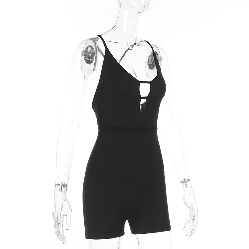 Sibybo Basics Solid Color Tight Playsuit Women Summer Sleeveless Hollow Out Backless Slim Romper Streetwear Sexy Shorts Jumpsuit