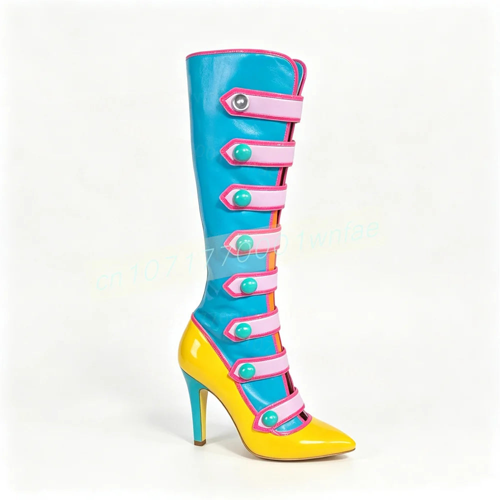 Women Color Block Knee High Boots Glossy Patent Leather Pointed Toe Stiletto Heels Multiple Strap Buckle Cosplay Fashion Shoes