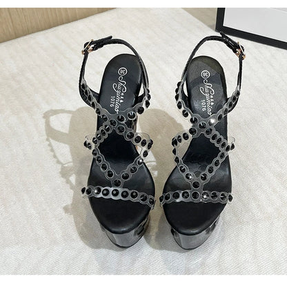 Voesnees Summer New Hollow Out Wedge Women's Pumps Shiny Sequins Fashion Party Shoes Club Heels Transparent Narrow Belt Sandals