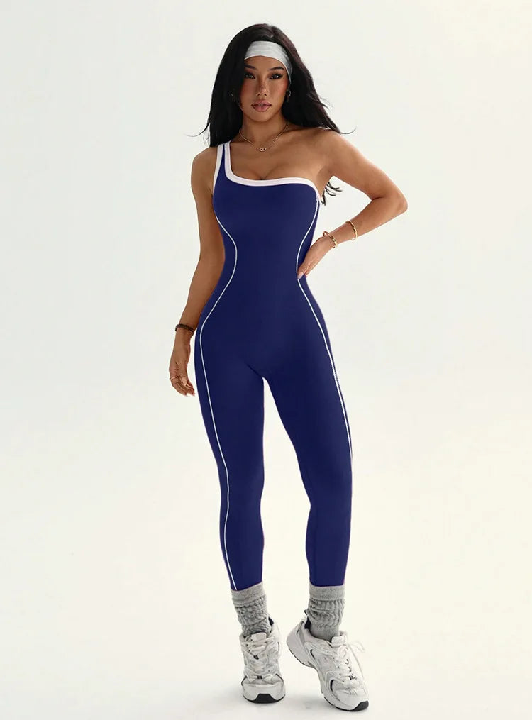 Women Sports One Shoulder Jumpsuits Tracksuits Yoga Pants Bodysuits Line Workout Fitness Gym Training Athletic Tights Suits
