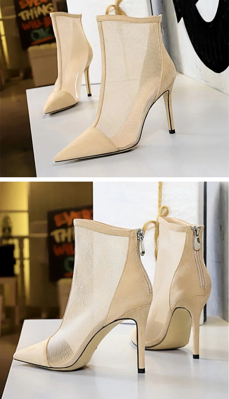 Eilyken 2026 New Spring Autumn Sexy Mesh High Heels Runway Ankle Boots For Women Pointed Toe Ladies Party Zipper Shoes