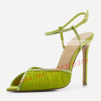Peep Toe Tulle Sandals Stiletto High Heels Women Luxury Crystals Trim Pleated Mesh Shoes Summer Ladies Graceful Evening Shoes