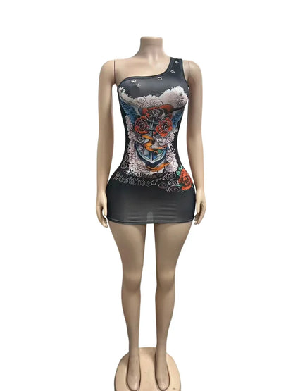 Stylish Lady Retro Tattoo Graphic Print One Shoulder Mini Dresses 2026 Women Eyelet Decor Rhinestone Bodycon Party Club Dress