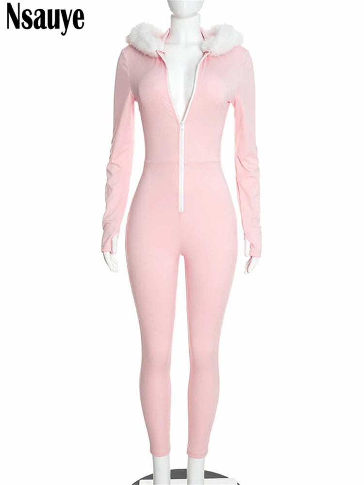 Nsauye Jumpsuits Women Long Sleeve Pullover Faux Fur Hoodies Skinny One Pieces Overalls Sexy Clubwear Sport Y2K Jumpsuit Rompers