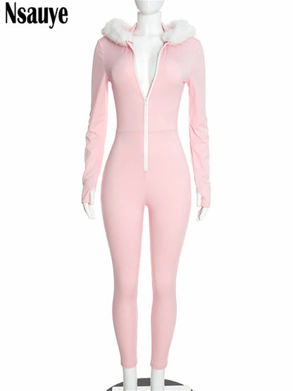 Nsauye Jumpsuits Women Long Sleeve Pullover Faux Fur Hoodies Skinny One Pieces Overalls Sexy Clubwear Sport Y2K Jumpsuit Rompers