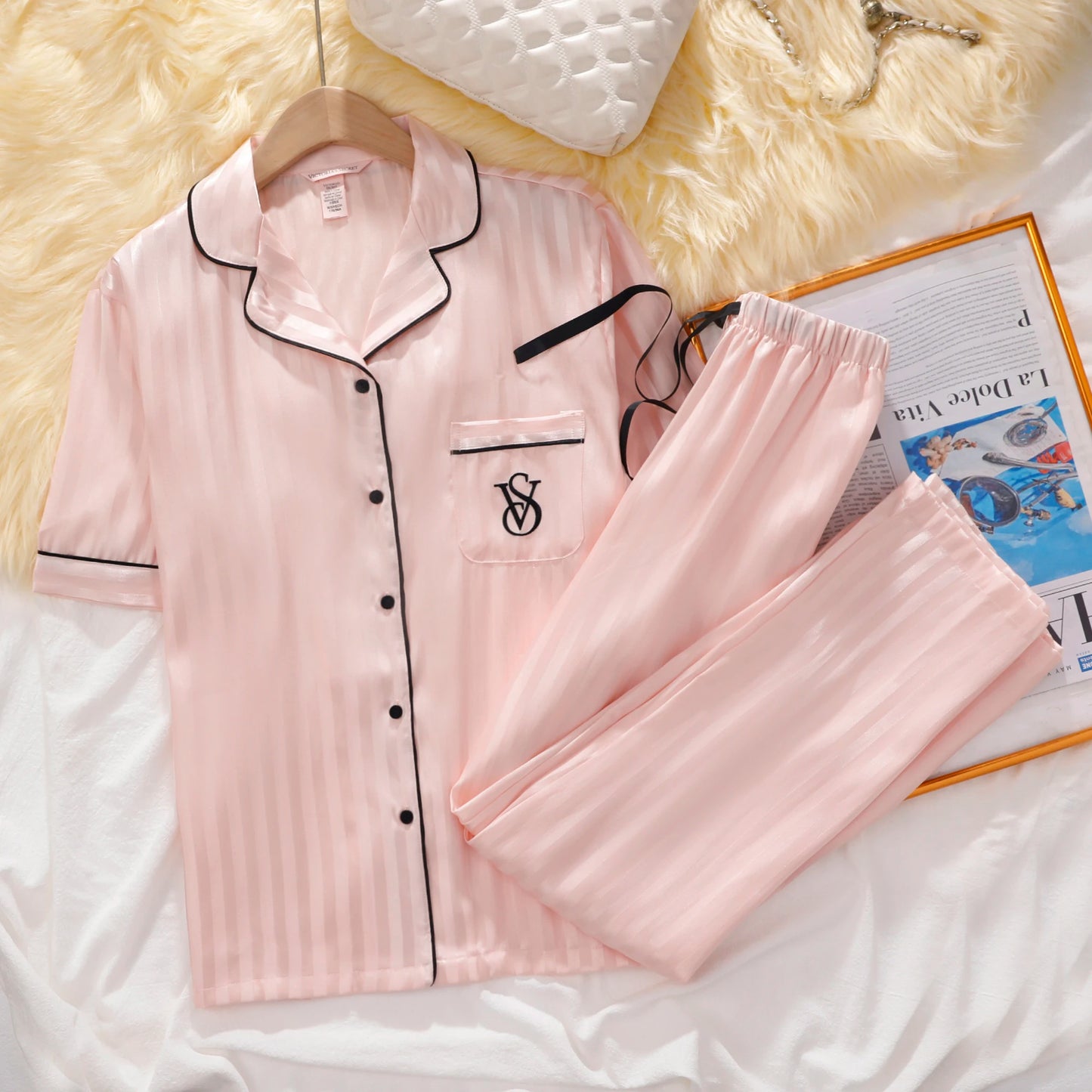 Victoria's Secret Suit Womens Silk Satin Pajamas Set Short Sleeve Shorts Sleepwear Loungewear Soft Breathable Button Down Pyjama