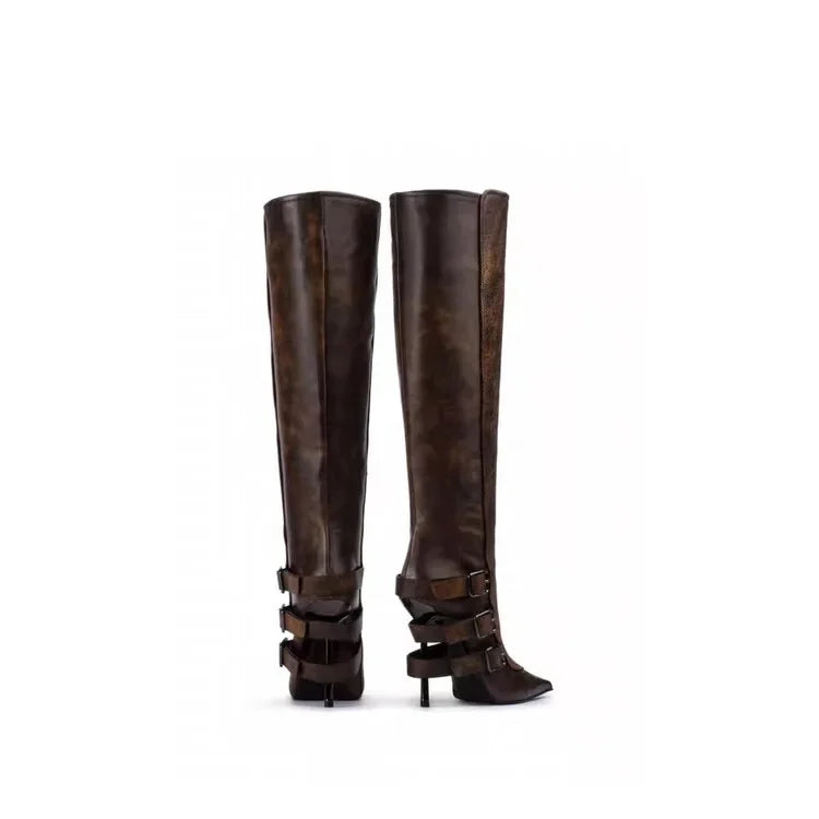 New Belt Buckle Stiletto High Heels Knee Length Boots Autumn/Winter Women's Fashion Pointed Party 34-46 Large Medium Boots