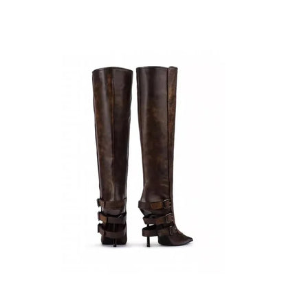 New Belt Buckle Stiletto High Heels Knee Length Boots Autumn/Winter Women's Fashion Pointed Party 34-46 Large Medium Boots