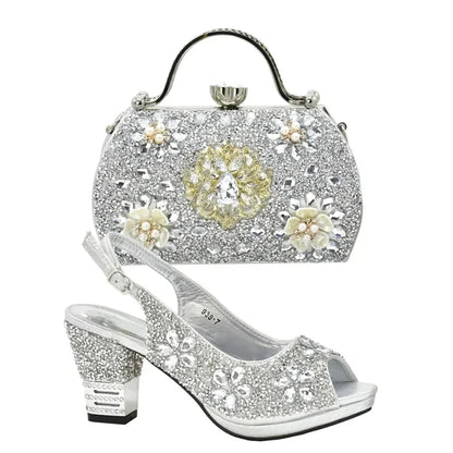 New Arrival Nigerian Party Shoes with Bag Set Decorated with Rhinestone Shoes for Women 2026 Designer Luxury Wedding Shoes Bride