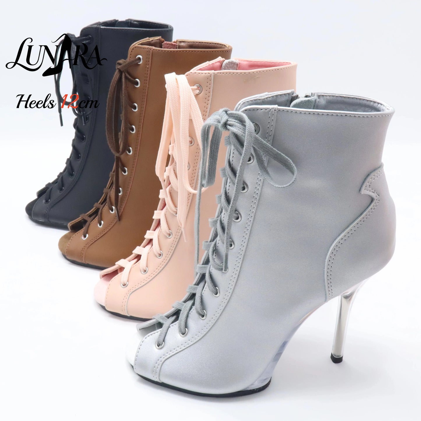 12cm/5Inch Plus size Beige PU Leather Lace-up Side zipper Peep toe High Stilettos Ankle boot Pole dancing Nightclub Rave Parties
