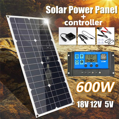 600W Solar Panel Kit 12V/18V with Controller - Portable High-Efficiency Charger for Camping RV Phone Power Station Off-Grid