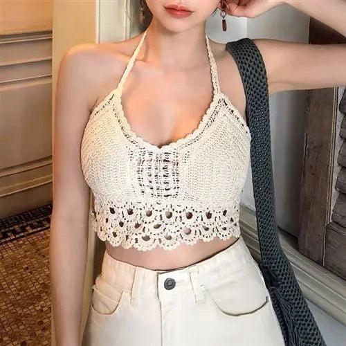 2026 Crop Tops Retro Wild Hollow Perspective Tassel Sexy Spaghetti Strap Tanke Top Women Built In Bra New Back Lace Halter Neck