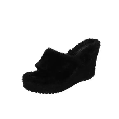 2026 Luxury New Women Feminine High Heeled Slippers Outdoor All-match Shoes Round Head Wedges With Mink Fur Femal Shoes