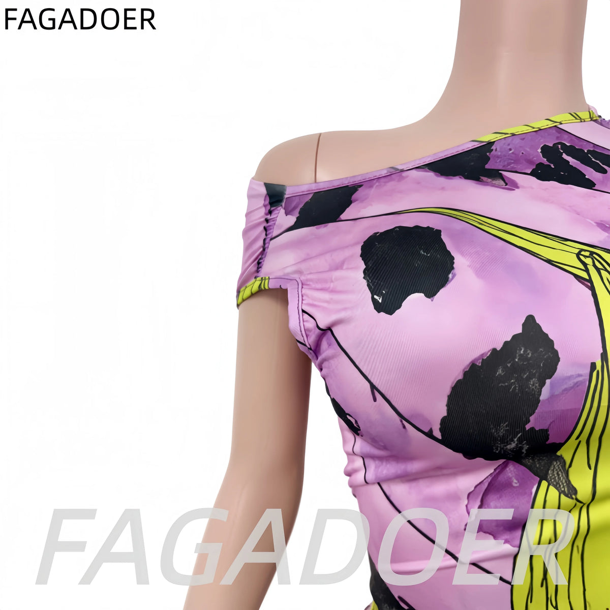 FAGADOER Women's Vintage Print 2 Piece Set Asymmetrical Neck Off Shoulder Top and Capri Pants Casual Y2K Streetwear Party Outfit