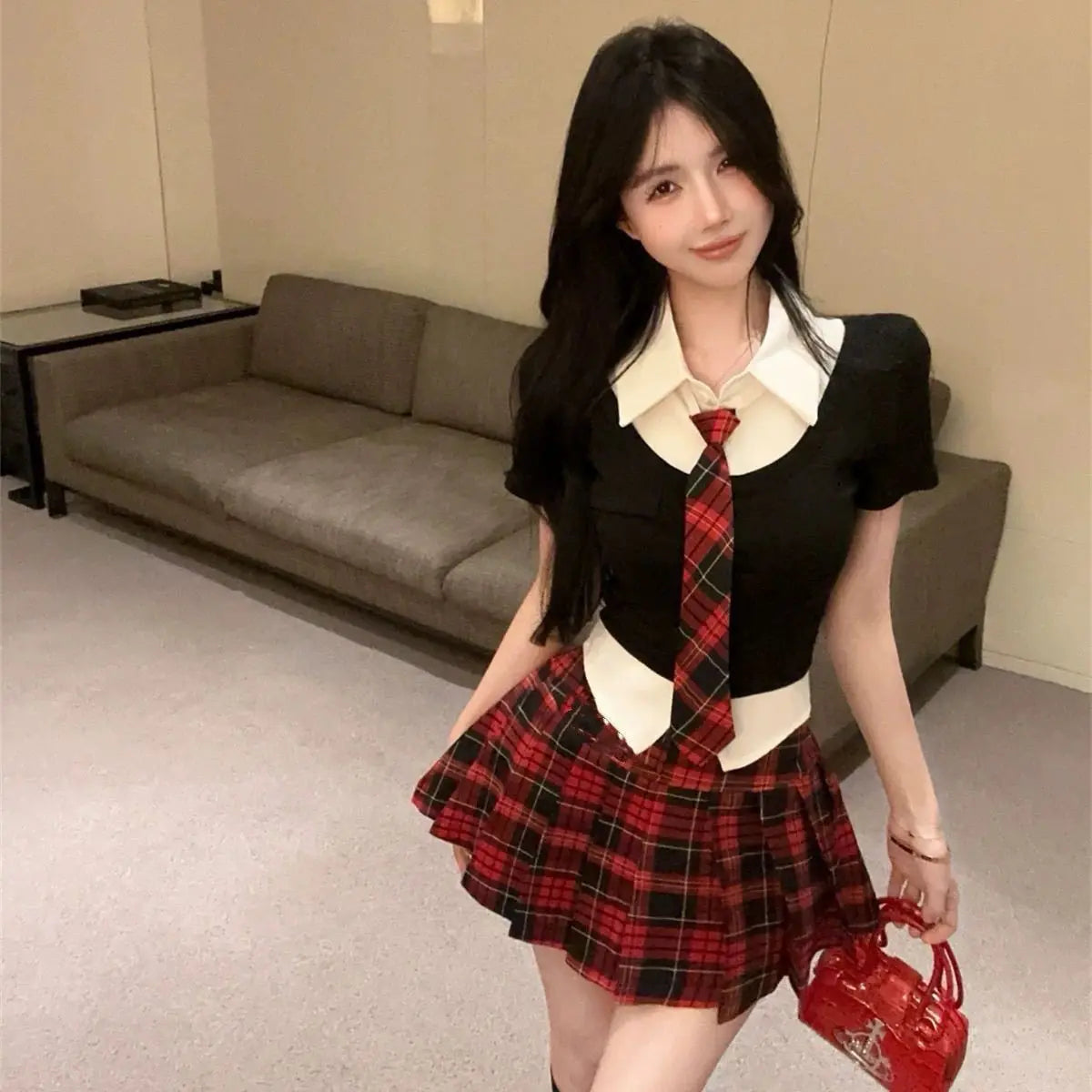 2025 korean style polo collar short-sleeved tops high-waisted jk plaid short skirts 2 piece summer girls  school uniform jk set