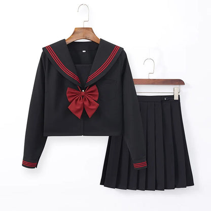 Black Japanese School Uniform Set with Long Sleeves Sailor Suit Soft Sister Skirt Floral Pattern Student Outfit