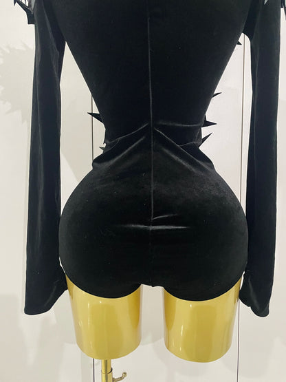 2025 New Shiny Black Rhinestone Velvet Long Sleeve Bodysuit Women Evening Party Club Gala Hosts NightClub Bar Stage Costumes