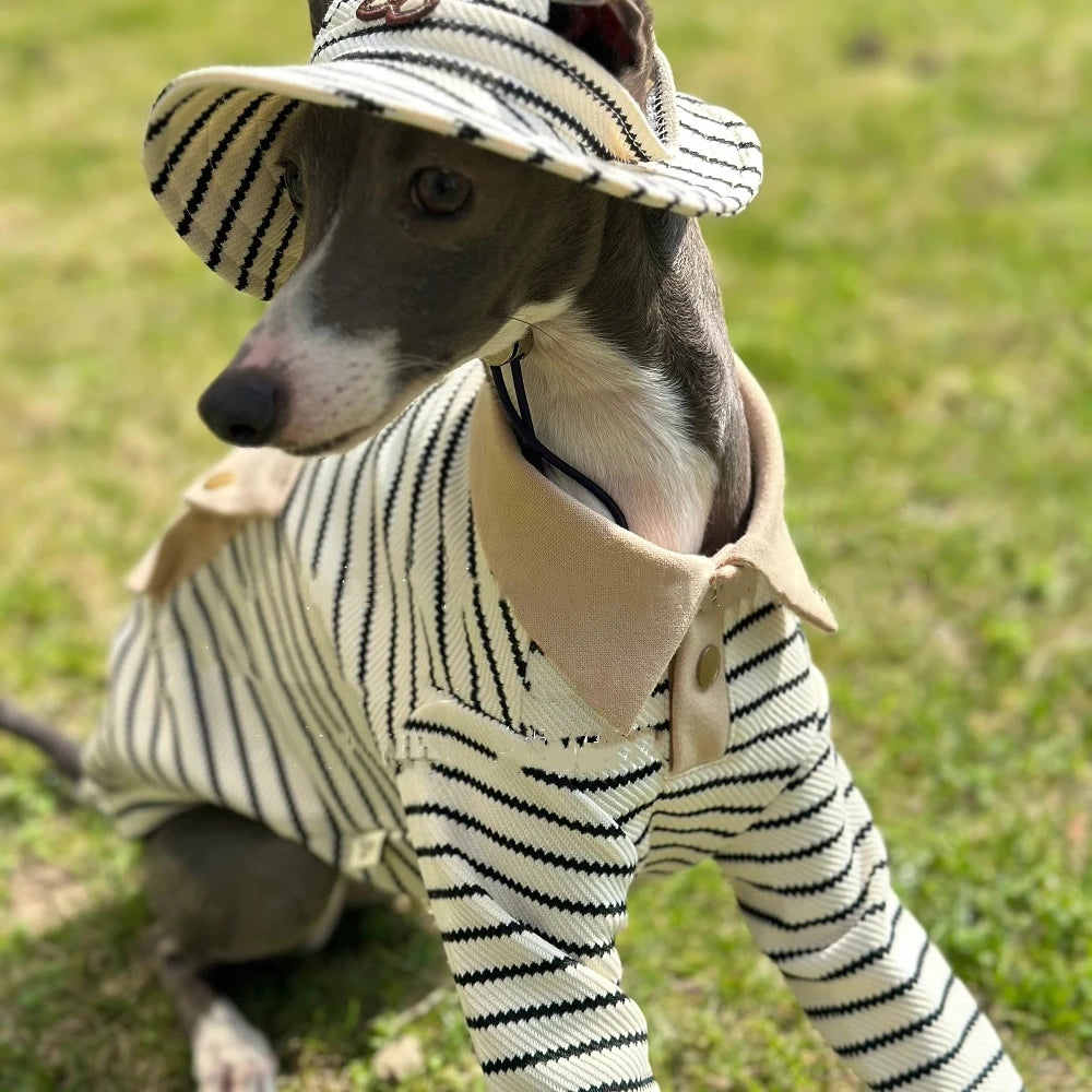 Dog Clothes in Spring Khaki Strips Polo Shirt with Pocket for Italy Greyhound Soft Long Sleeves Cotton Coat Hat Suit for Whippet