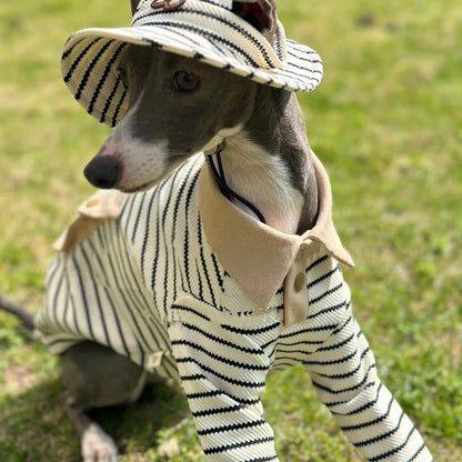 Dog Clothes in Spring Khaki Strips Polo Shirt with Pocket for Italy Greyhound Soft Long Sleeves Cotton Coat Hat Suit for Whippet