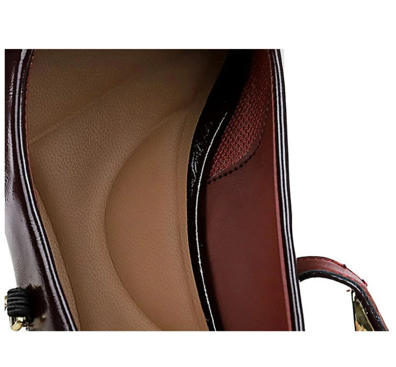 Women Korean Vintage Soft Split Cow Leather Pointed Pumps Simple Single Metal Buckle Strap Mid Chunky Heel Comfort Office Daily