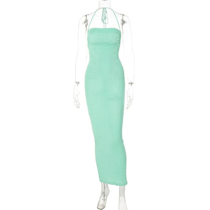 Sexy Long Shoulder Strap Open Back Backless Bodycon Maxi Dress Women Sleeveless Halter Skinny Long Dress Club Party Vestidos