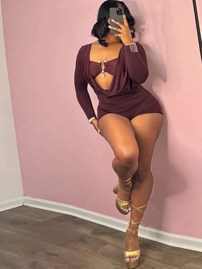 Sisterlinda Swinging Neck Playsuits Women Solid Metal Splice Cleavage Full Sleeve Stretch Sexy Slim Romers Chic Trend Clubwear
