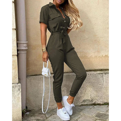 2025 New Women's Jumpsuit Casual Workwear Summer Romper with Print Button-up Lapel Waist Belt Slim Fit One Piece Pants Set Fashi