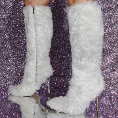 Lemon Yellow Fur Knee High Boots Women Full Fluffy Fur Pointed Toe Orange High Heels Winter Boots Female Fashion Warm Snow Shoes
