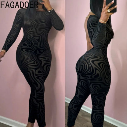 FAGADOER Spring New Sexy Jumpsuit Women Black Printing Mesh Backless Bodycon Rompers Fashion Female Streetwear Overalls 2025