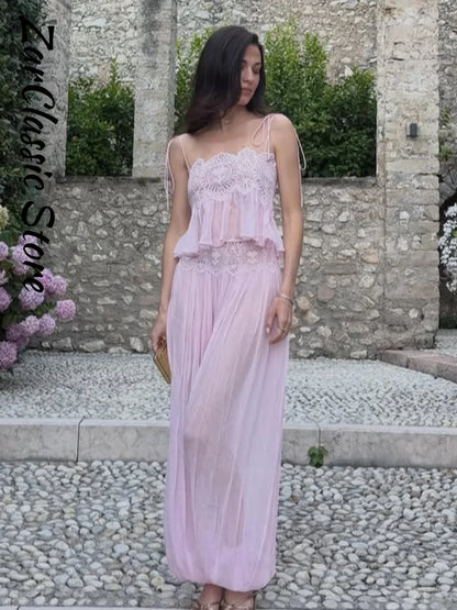 Beach Pink Lace Spliced Women's Set Summer See Through Strap Tank Top Pleated Lantern Pants Sets Lady New Casual Vacation Outfit