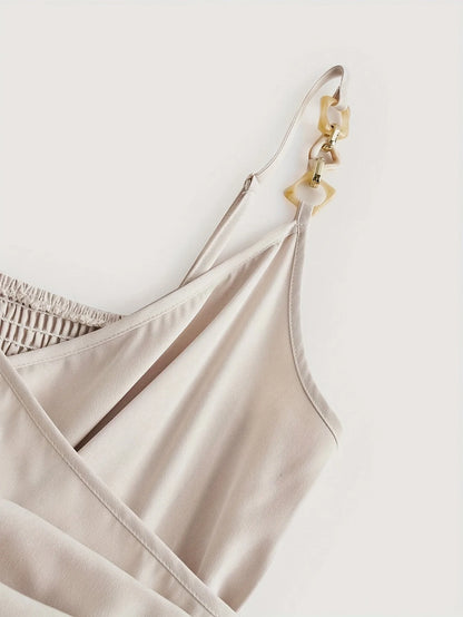 Spring/Summer New Women's Strap Jumpsuit French Style Elegant Academy Style Ins Classic Versatile V-Neck Decorative Buttons Bow Tie Straps Ruched Adjustable Shoulder Straps Camisole Top Wide-Leg Pants Women's Jumpsuit