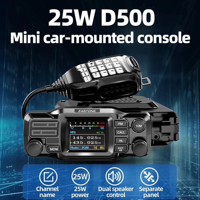 ZASTONE D500 25W High Power Mini Mobile Radio VHF UHF Dual Band DTMF Detachable Panel Transceiver