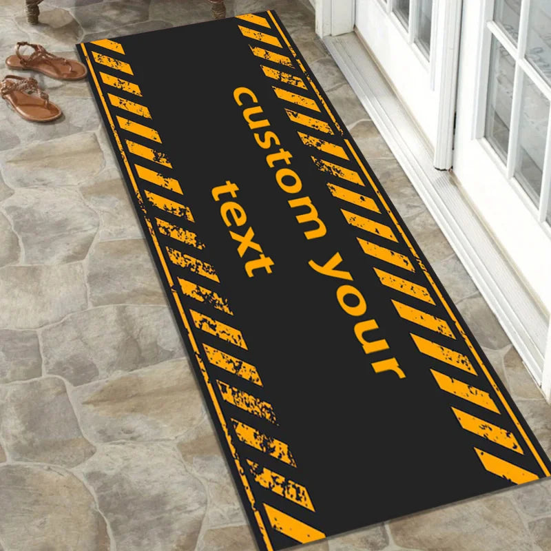 VIKAMA Motorcycle Garage Floor Mat, Warning Stripe Oil-Resistant Workshop Rug, Personalized Biker Decor Carpet