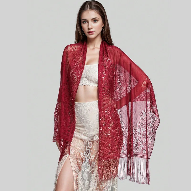 Female Breathable Floral Lace Long Scarf Tassel Fringe Shawl Wrap Flower Headscarf Muslim Hijabs Scarfs Women Headband Bandana