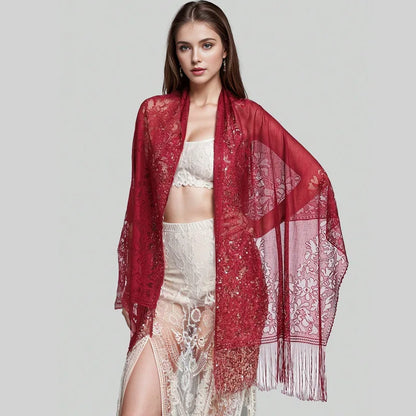 Female Breathable Floral Lace Long Scarf Tassel Fringe Shawl Wrap Flower Headscarf Muslim Hijabs Scarfs Women Headband Bandana